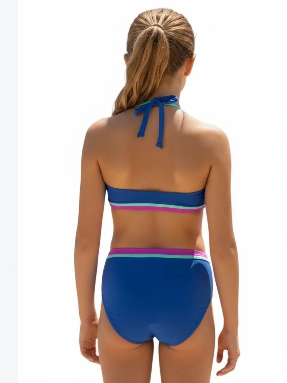 Hobie Blue High-Neck Bikini with Rainbow Strap Accents size 14 2 piece